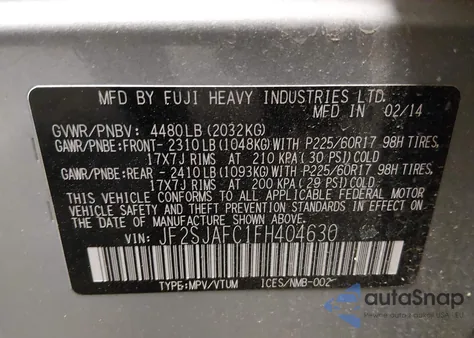 2015 Subaru Forester 2.5I Premium из США, поврежденный, VIN JF2SJAFC1FH404630